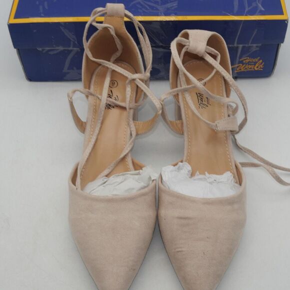 NEW Heel The World Women's 9 Nude Tan Beige Strappy Lace Up Chunky Heels - Picture 6 of 11